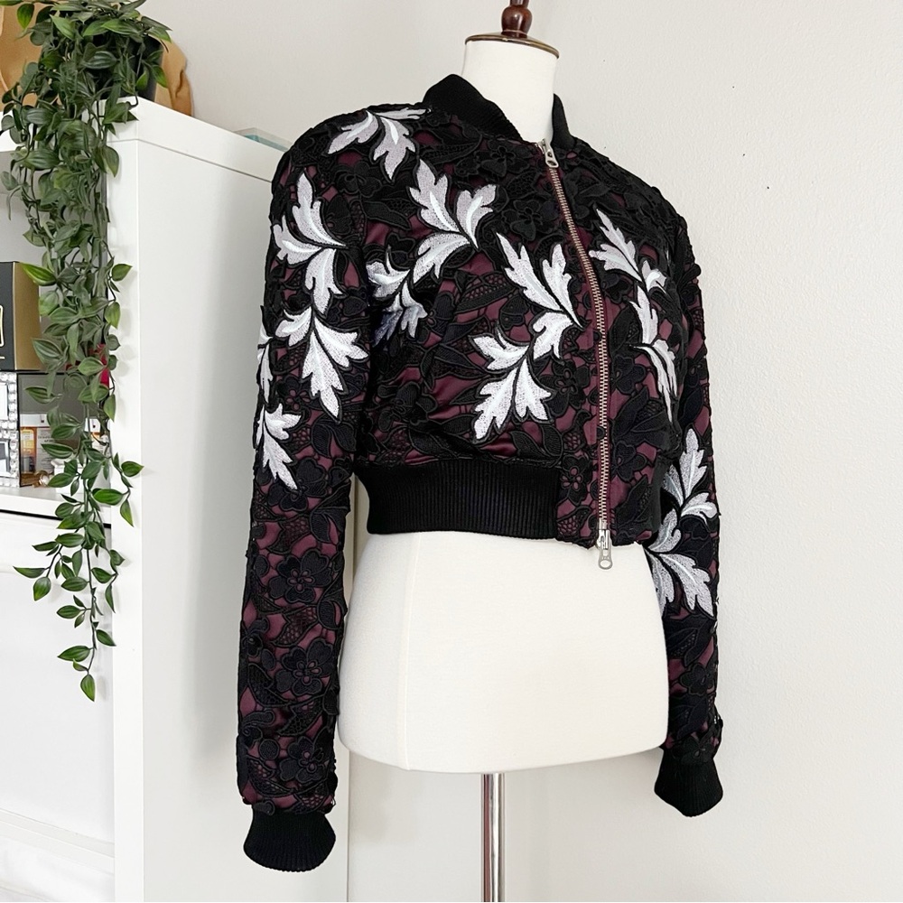Self-Portrait Black Bomber Jacket with White Floral Embroidery and Burgundy Trim - Picture 6 of 12